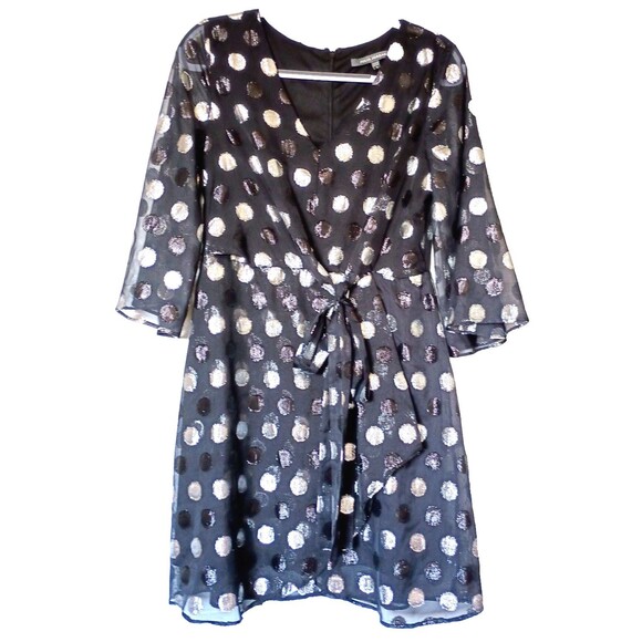 julia jordan Dresses & Skirts - Julia Jordan Sz 6 Fit And Flare Tie Front Clip Dot Chiffon Black Polka Dot Dress